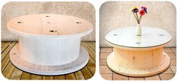 presentazione tavolino basso costruito con bobina legno avvolgi tubi e cavi telefonici