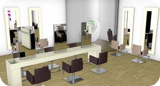 progettazione arredo per parrucchiere con posti lavoro centro stanza e parete