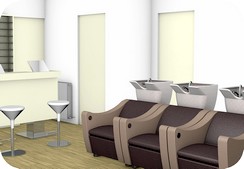 vista prospettica di angolo lavaggio capelli e trucco per progetto arredo parrucchiere