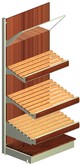 scaffale per prodotti ortofrutticoli con piani inclinati in legno a doghe