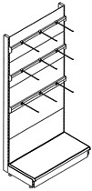 scaffali metallici con barre e gangi per blister