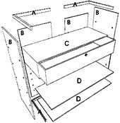 schema composizione banco in cristallo con cassetto cassa