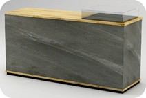 banco vendita con frontale laminato pietra vera e top nobilitato legno con vetrinetta