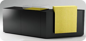 banco modulare con alzata e vetrina teca in colore nero e ecopelle green