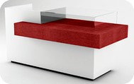banco vendita con piano ecopelle coccodrillo rosso e teca espositiva