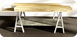 banco espositivo con cavalletti e 2 vetrinette con travi laminato legno rovere