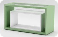 espositore centro negozio con piano vetro e cubo estraibile