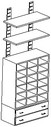 scaffalatura con cassettiera a 2 cassetti e casellario a 18 vani