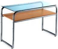 banco esposizione con struttura cromata e piano in vetro