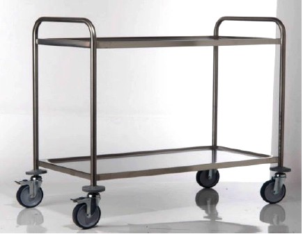 carrello inox smontabile 2 piani con maniglioni 2 ruote girevoli e 2 con freno