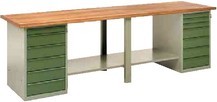 tavoli per montaggio con cassettiera portautensili centrale e top in legno
