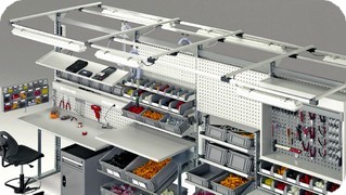 posti lavoro con banchi porta minuteria e utensili per riparazioni assemblaggi quadri elettrici